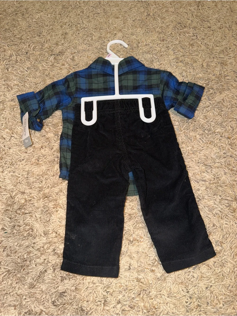 Carter new size 9 months set - Plaid Button-Up Shirt with corduroy black pants